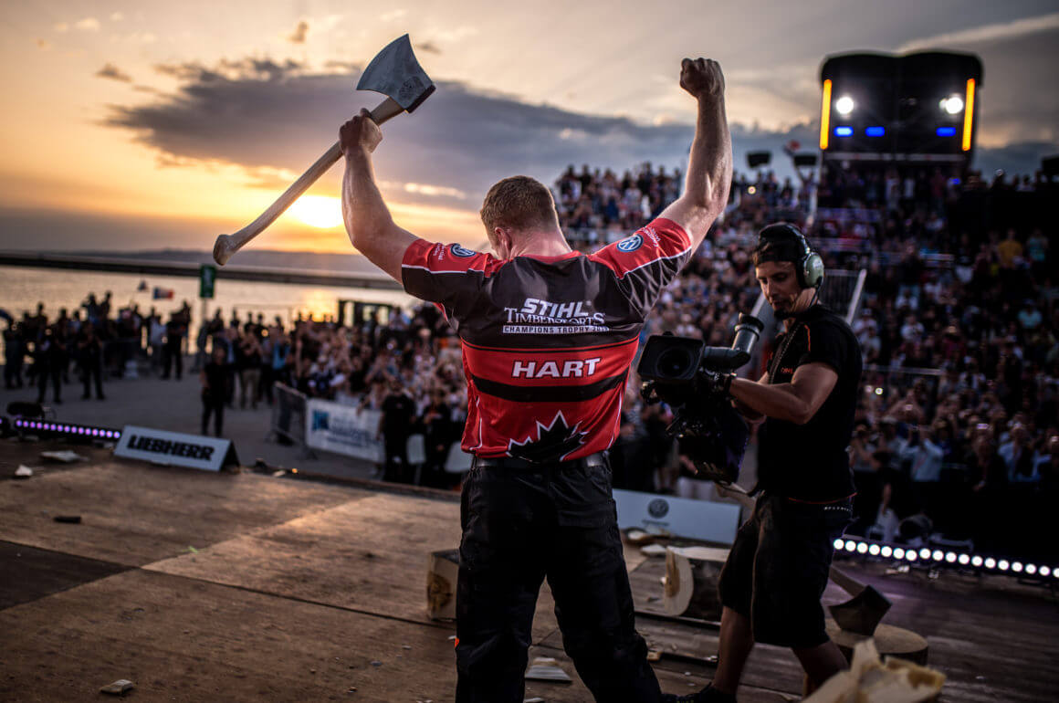 Stirling Hart of Canada celebrates after winning the Stihl TIMBERSPORTS® Champions Trophy in Marseille, France on May 26, 2018.