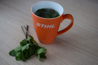 STIHL Mug with home grown tea leaves