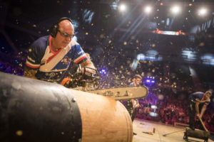 Andrew Evans participating in the 2018 STIHL Timbersports championship