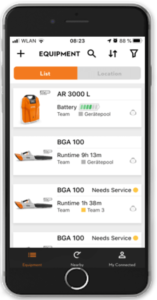 Equipment list on the STIHL Connected app 