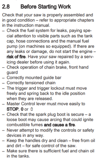 STIHL recommended pre-work checks 