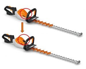STIHL smart connector attached to a cordless hedge trimmer